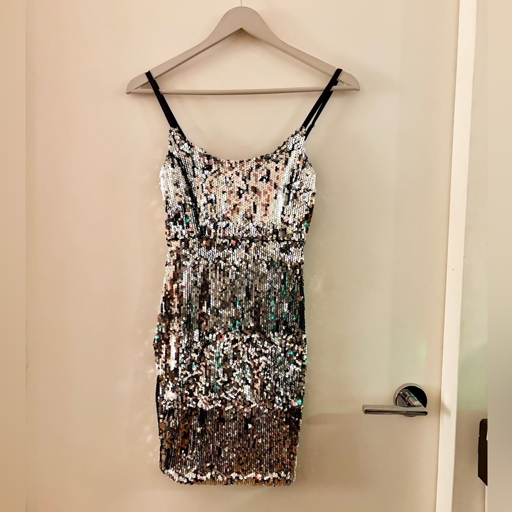 Revamped Silver Sequin Mini Dress with Strappy Back